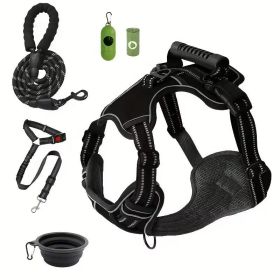 Tactical Service Dog Harness Strap Set, Car Seat Belt, Collapsible Bowl, Biodegradable Trash Bag Set For Dogs (Option: Black-S)