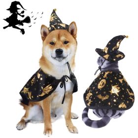 New Halloween printing wizard cloak set pet dog cat hat set jewelry (Color: Hat+Cloak, size: S)